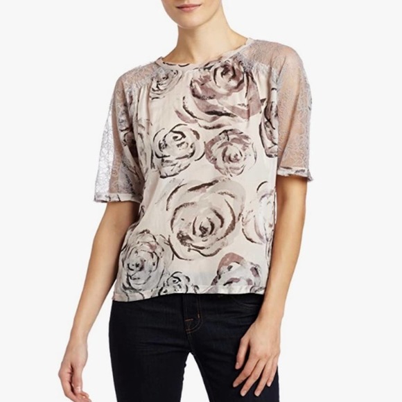 BCBGMAXAZRIA Lourie Rose Print Floral Top Pearl Gray Women's XS-S - Picture 1 of 13